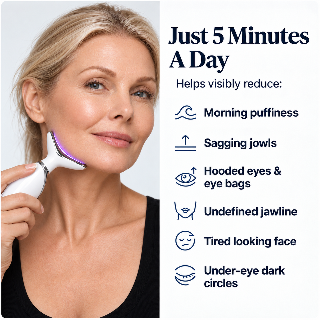Just 5 minutes a day: helps visibly reduce morning puffiness, sagging jowls, hooded eyes and eye bags, undefined jawline, tired looking face and under-eye dark circles
